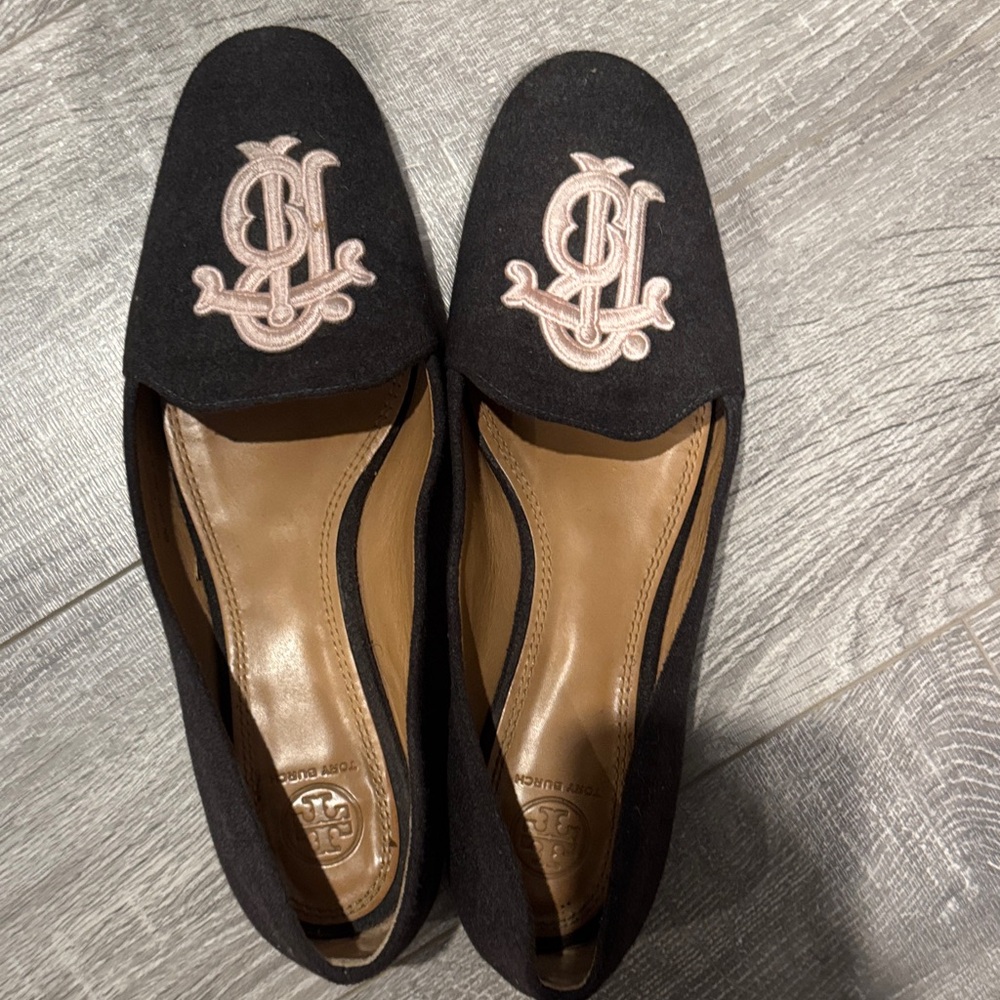 Tory Burch Black Flats with Pink Embroidered Logo